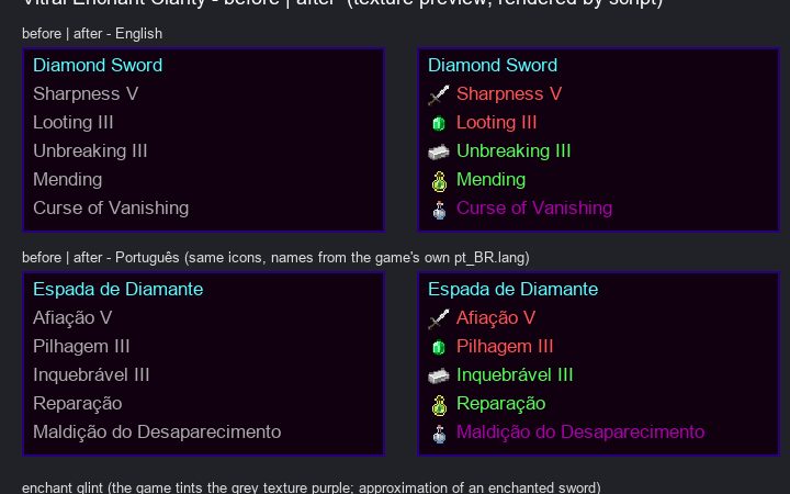Enchantment tooltip before and after: icons and colors by type