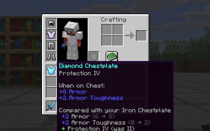 Gear Compare tooltip comparing a diamond chestplate with the iron one being worn