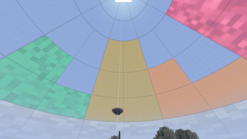 The sky window with green, gold, orange and pink panes filled in