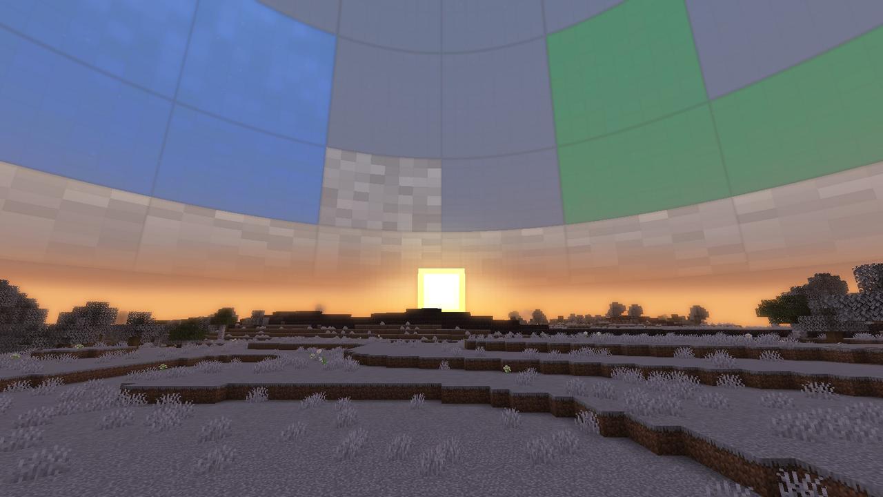 Sunset over a grey land. High above, a huge stained-glass window covers the sky; a few of its panes have colour again.