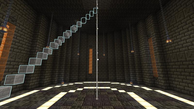 A dark stone hall under a hill, with rings of light on the floor and a glass stair climbing the wall