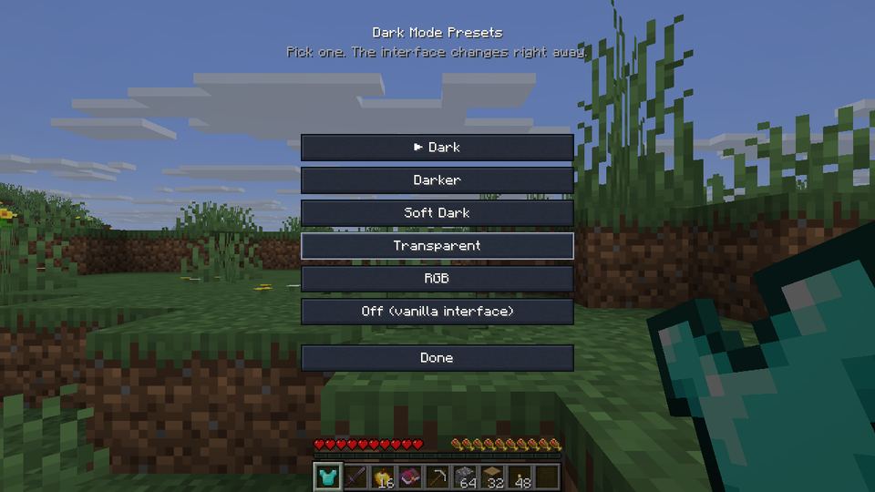 A tela de escolha com os cinco presets