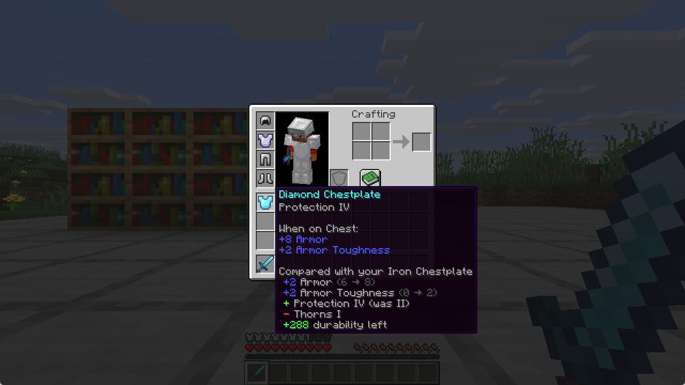 A diamond chestplate: armor gained and an enchantment lost, both named