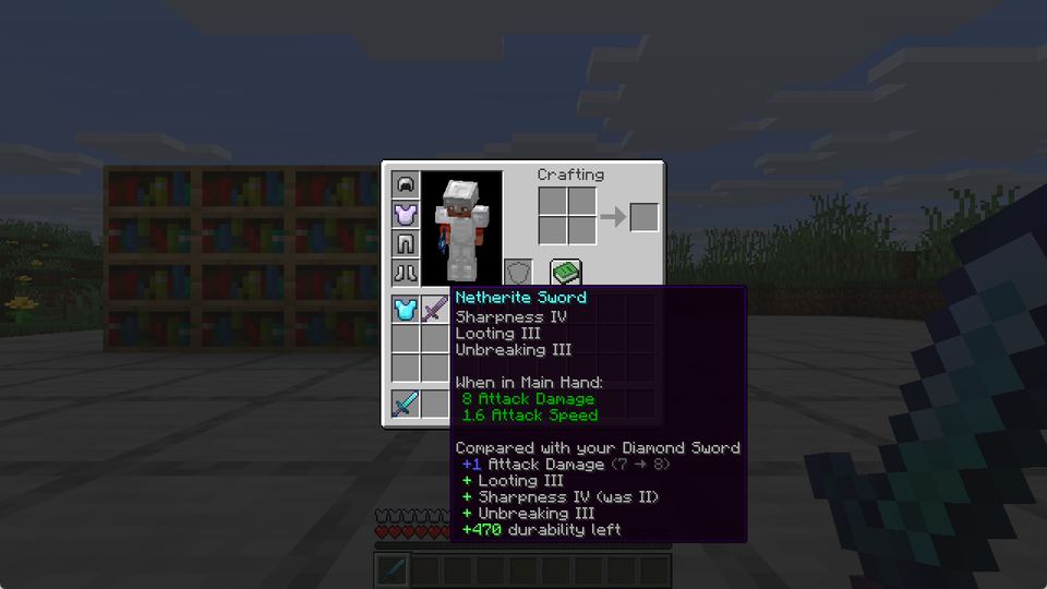 Netherite sword against diamond, with each enchantment change spelled out