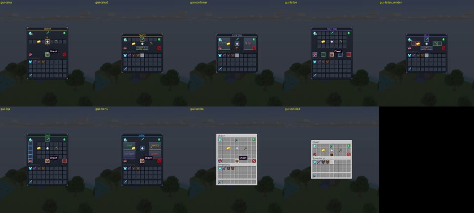 Seven Vitral screens open in game on Minecraft 26.3 (crate, confirm, auction, sell, shop, menu), next to two vanilla chests