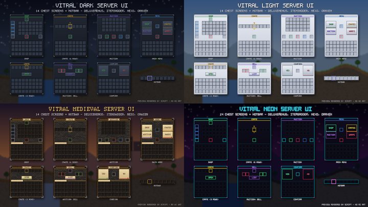 Four themes of Vitral Server UI: Dark, Light, Medieval and Neon